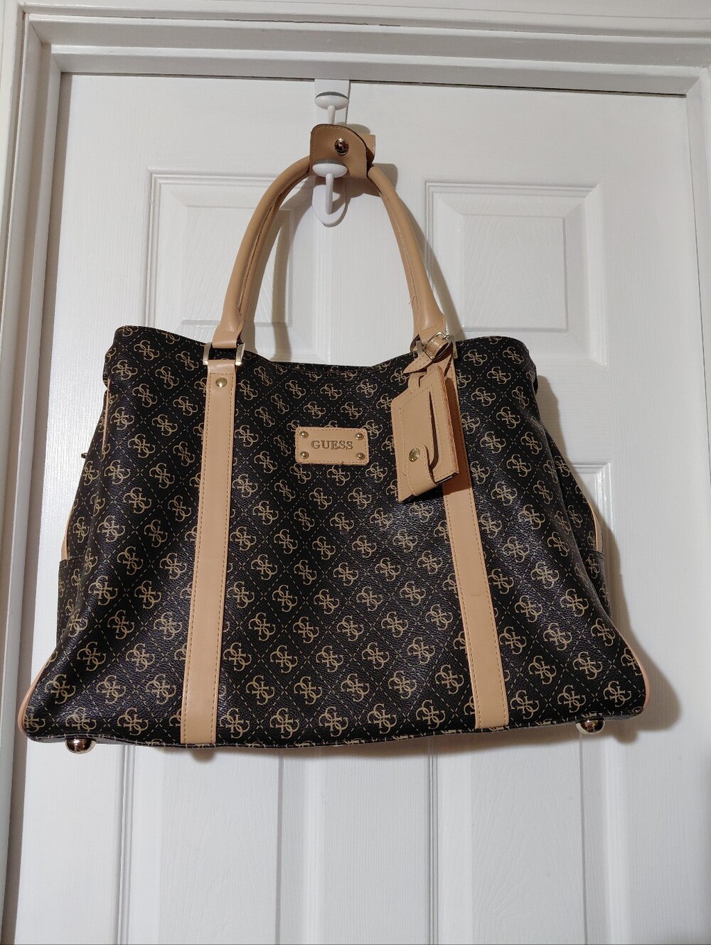 Guess Logo Affair Deluxe Travel Tote Carry On Luggage Tan